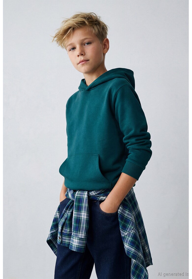 Hanorac uni cu buzunar kangaroo - Verde aquamarin