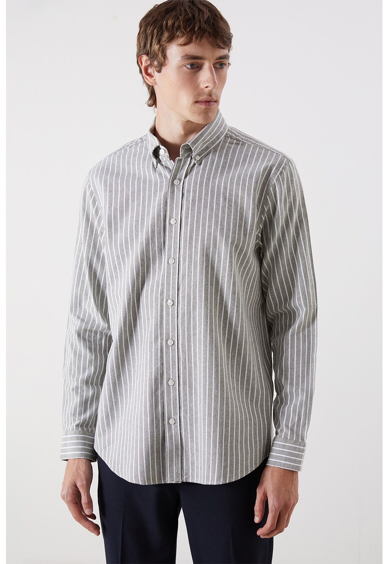 Camasa din bumbac cu dungi si guler clasic - Gri deschis