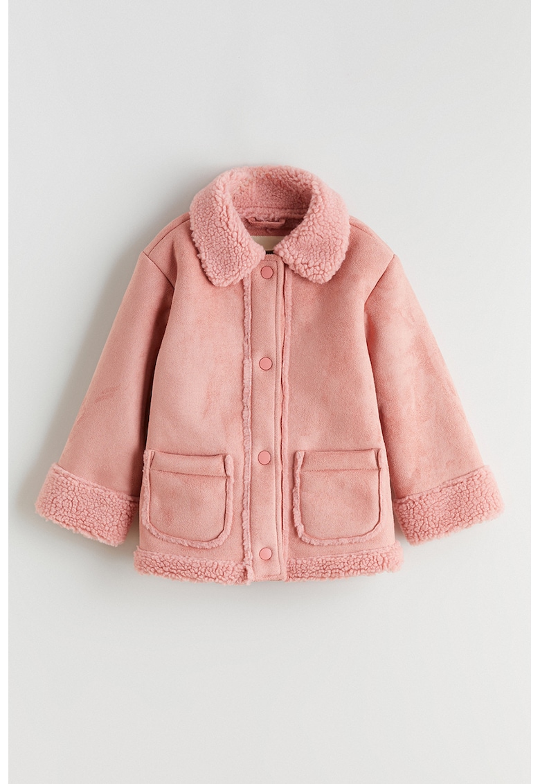 Jacheta din piele intoarsa ecologica si garnituri cu blana sintetica - Roz deschis