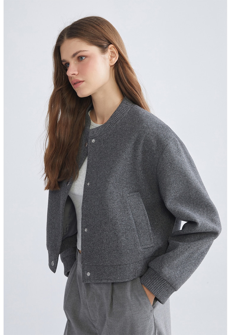 Jacheta crop cu capse - Gri melange