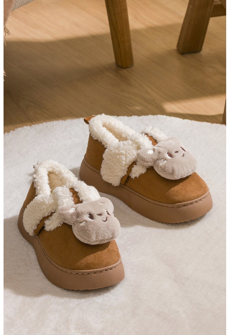 Papuci de casa cu model cu animale - Crem/Maro camel
