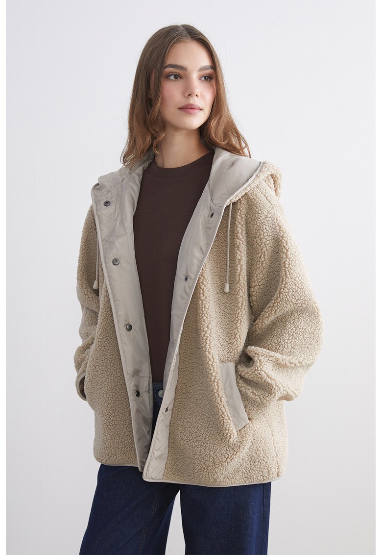 Palton scurt supradimensionat din material teddy - Bej deschis