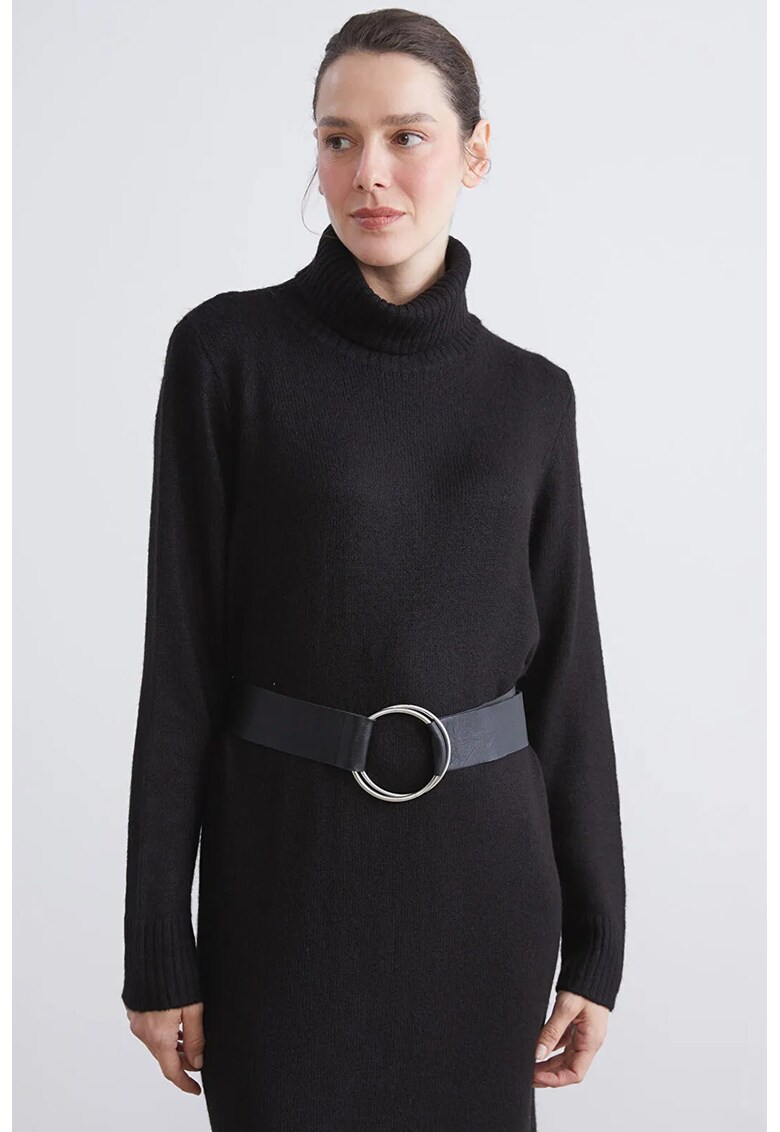 Rochie-pulover tricotata cu guler inalt - Negru