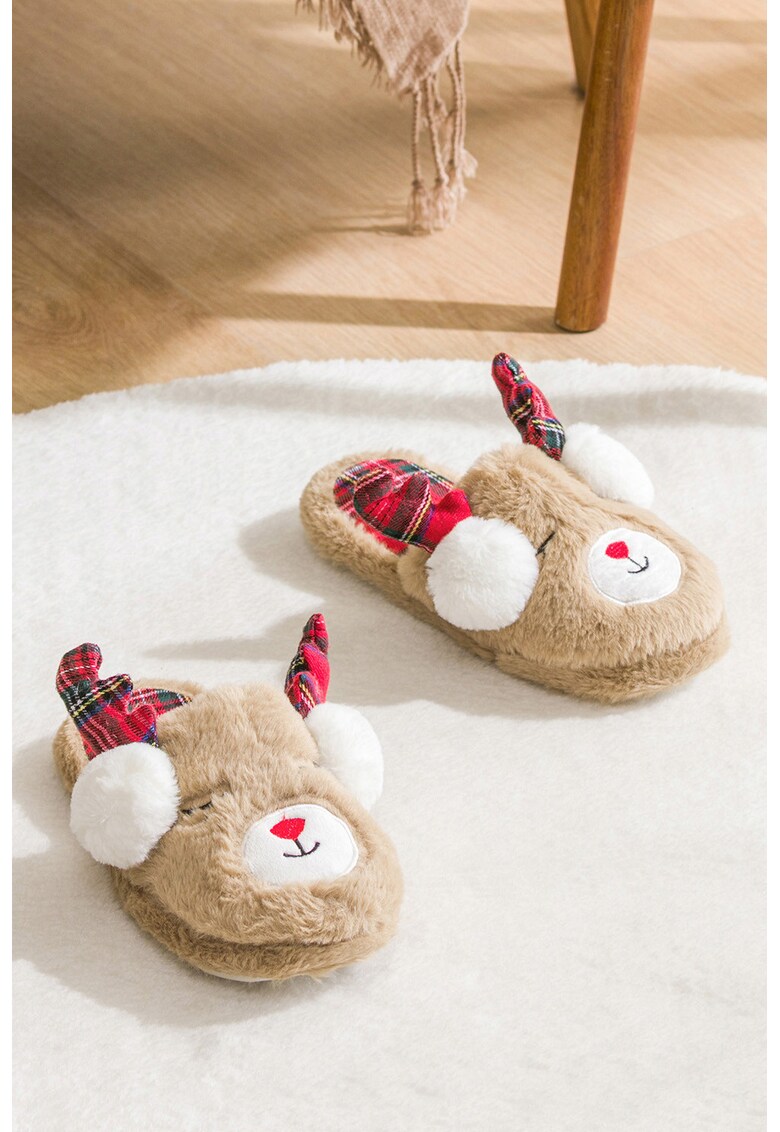 Papuci de casa din plus cu model cu animale - Rosu/Maro camel