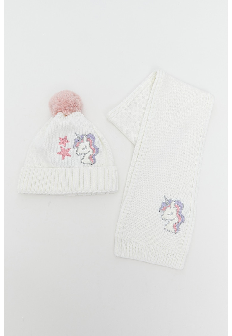 Set de caciula si fular cu unicorn - 2 piese - Alb