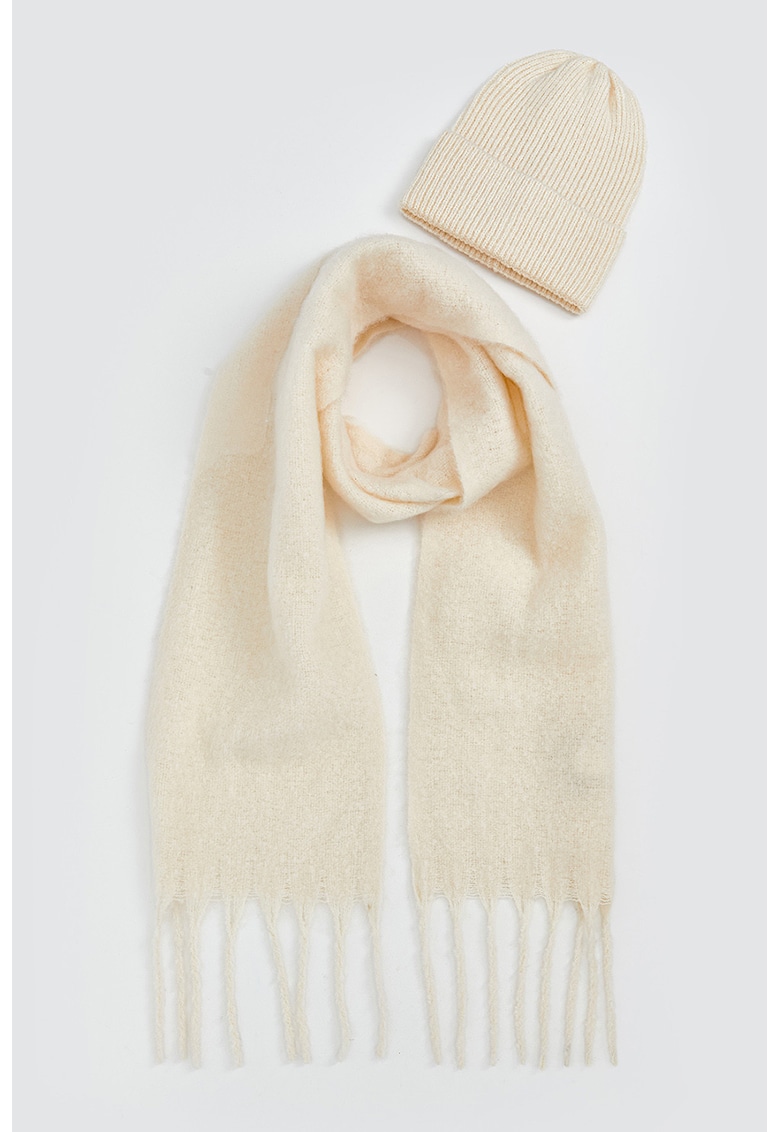 Set de caciula si fular cu franjuri - Crem