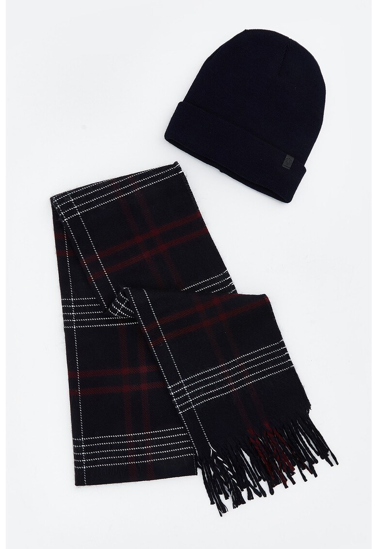 Set de caciula si fular in carouri si franjuri - 2 piese - Negru/Rosu inchis