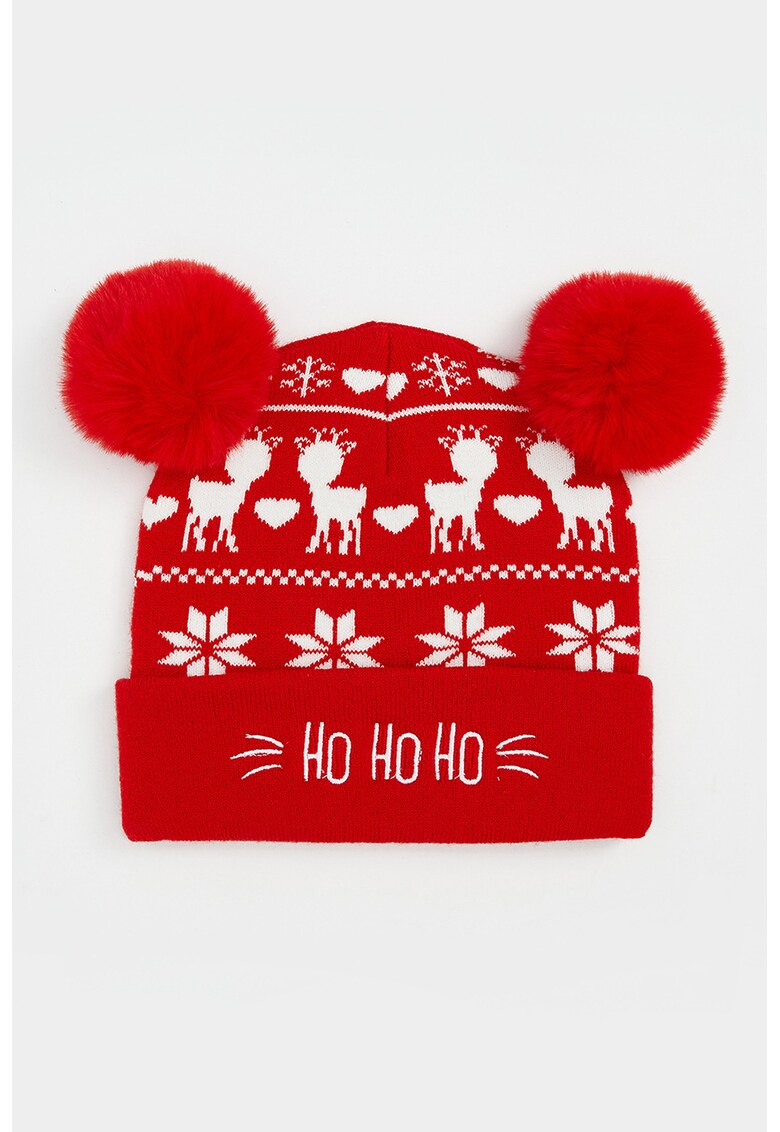 Caciula cu model de Craciun si ciucuri - Rosu/Alb