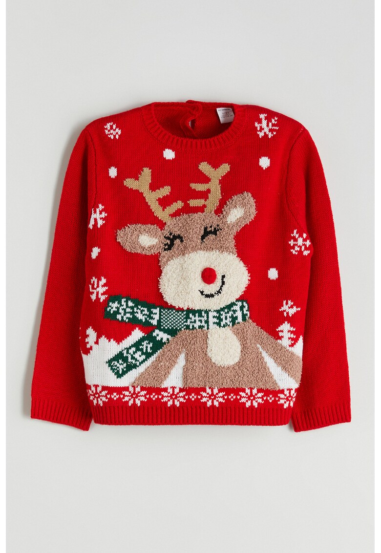 Pulover cu decolteu la baza gatului si model - Rosu/Alb/Maro