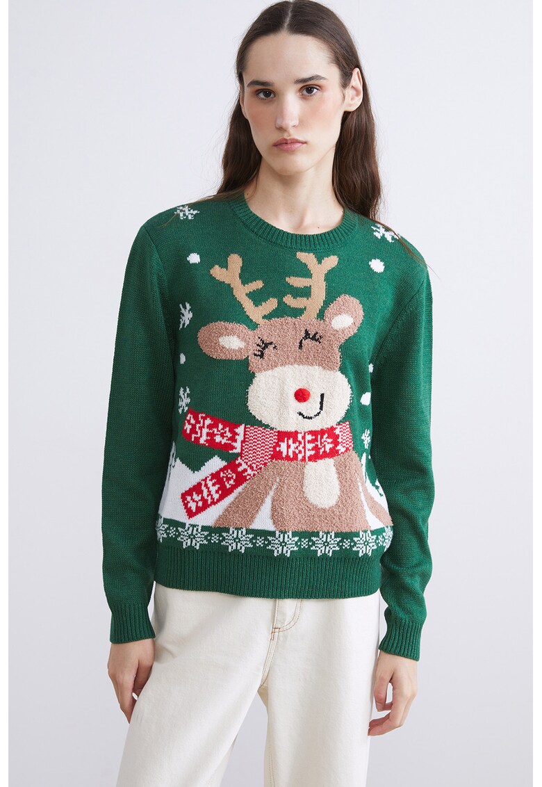 Pulover cu decolteu rotund si tematica de Craciun - Rosu/Verde feriga/Bej deschis