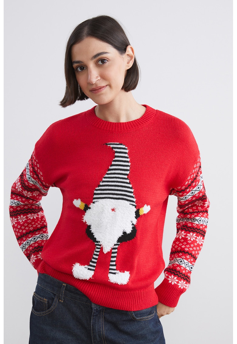 Pulover cu model de Craciun - Rosu/Alb