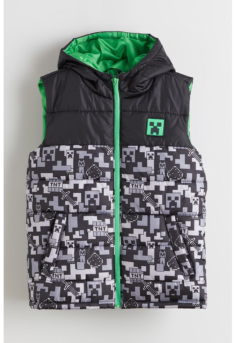 Vesta cu gluga - vatelina si model Minecraft - Verde/Gri deschis/Negru stins