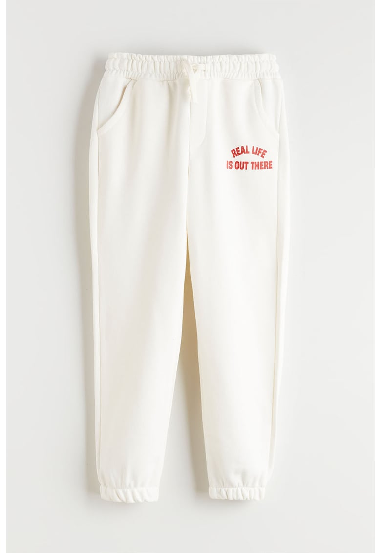 Pantaloni de trening din amestec din bumbac cu imprimeu - Alb fildes