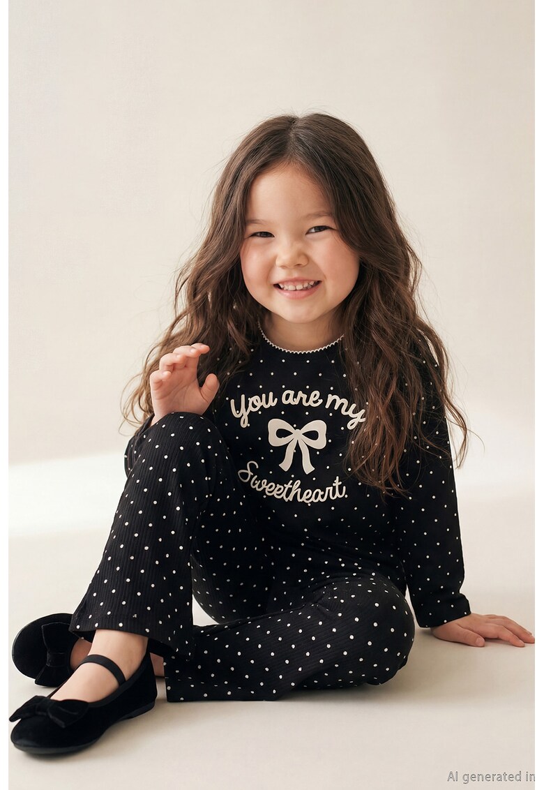 Bluza cu buline si impriemu text - Alb/Negru