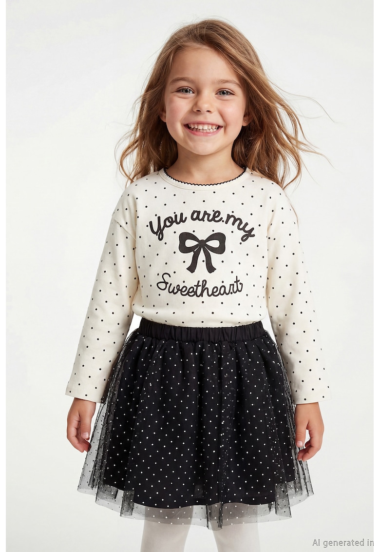 Bluza cu buline si impriemu text - Alb fildes/Negru