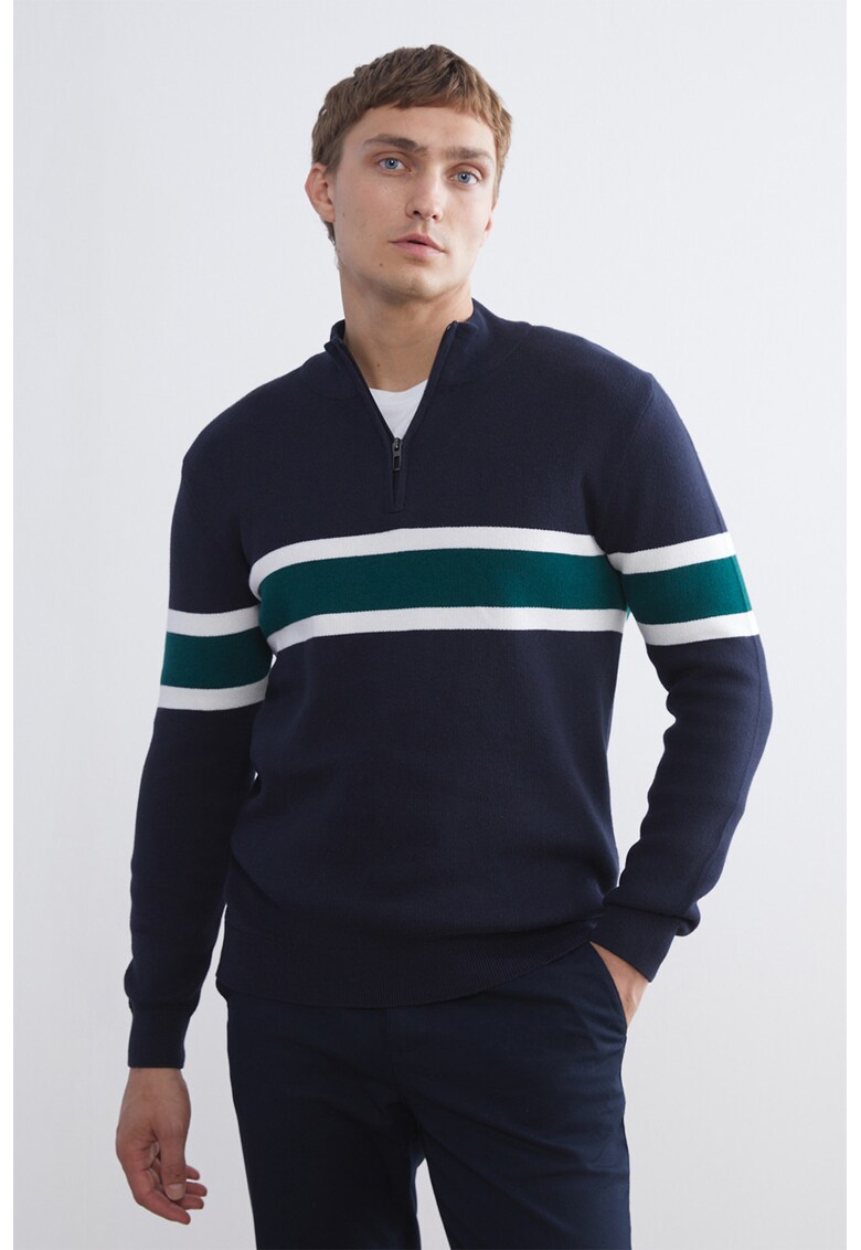 Pulover cu dungi si fermoar scurt - Alb/Verde/Bleumarin