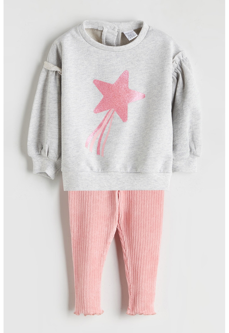 Set de bluza de trening cu imprimeu stea si colanti - Gri melange/Roz
