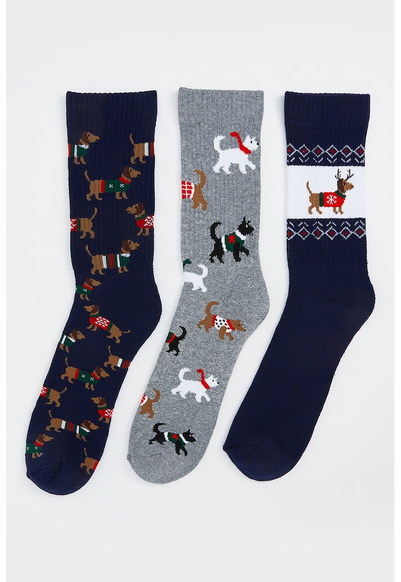 Set de sosete lungi cu tematica de Craciun - 3 perechi - Gri deschis melange/Bleumarin