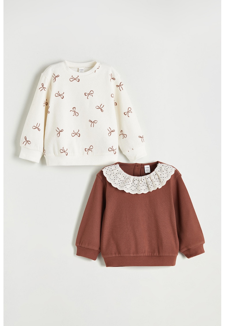 Set de bluze de trening cu decolteu la baza gatului - 2 piese - Maro inchis/Crem