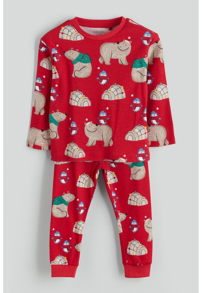 Pijama de bumbac cu tematica de Craciun si maneci lungi - Rosu vermillion