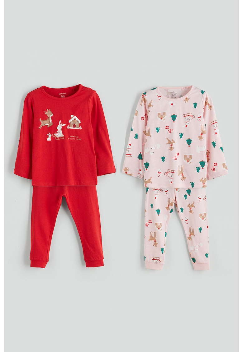 Set pijama cu pantaloni lungi - 2 perechi - Rosu/Roz pastel/Verde feriga