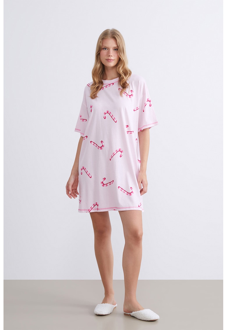 Camasa de noapte cu imprimeu si maneci scurte - Roz pastel