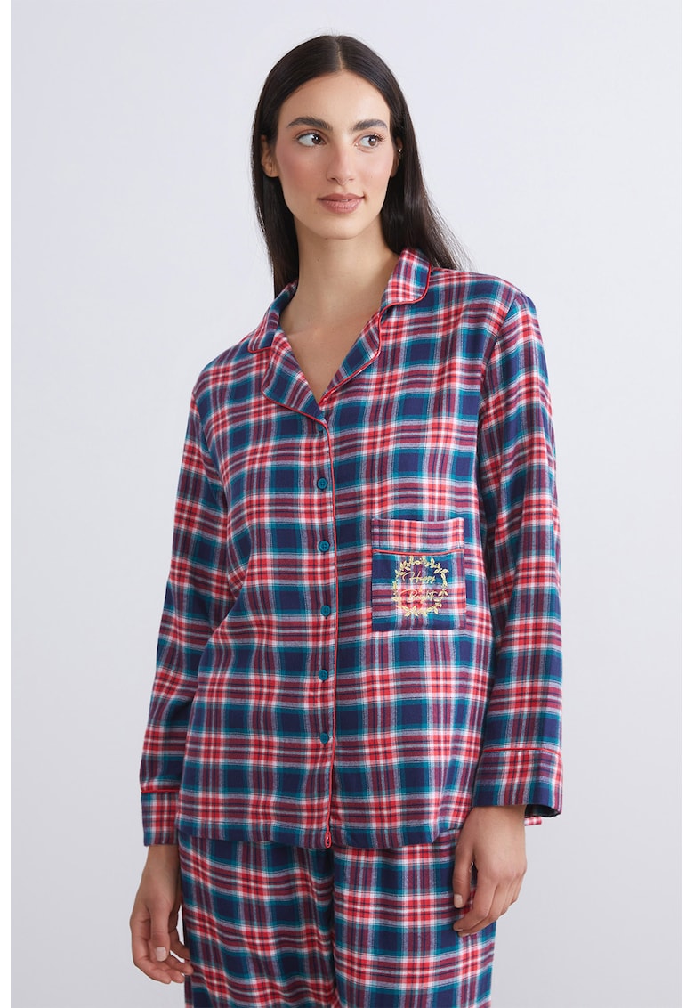 Pijama in carouri cu pantaloni lungi - Alb/Rosu inchis/Bleumarin