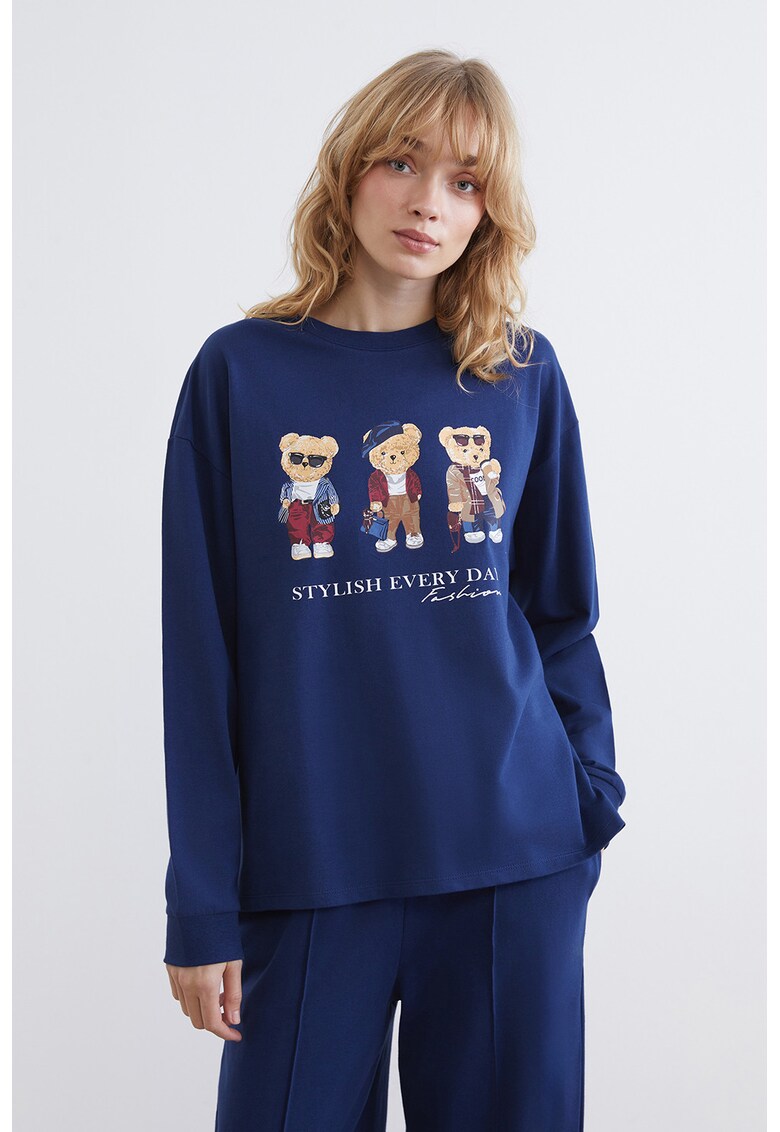 Pijama cu pantaloni lungi din bumbac - Albastru inchis/Bej deschis