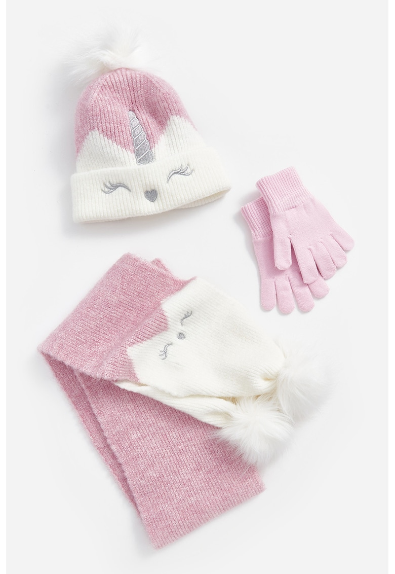 Set de caciula elastica si manusi tricotate cu design unicorn - Roz pastel/Alb murdar