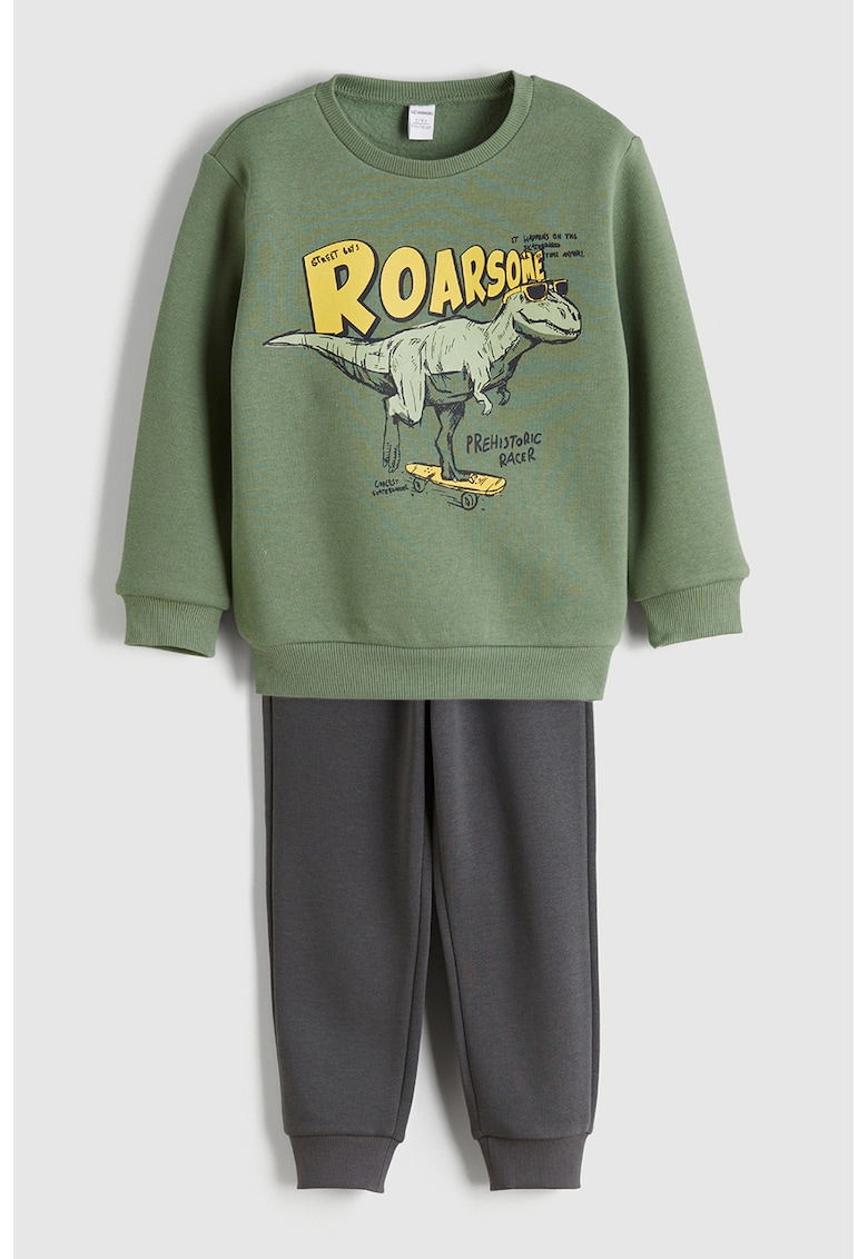 Set de bluza de trening cu imprimeu si pantaloni -2 piese - Verde pal/Gri inchis