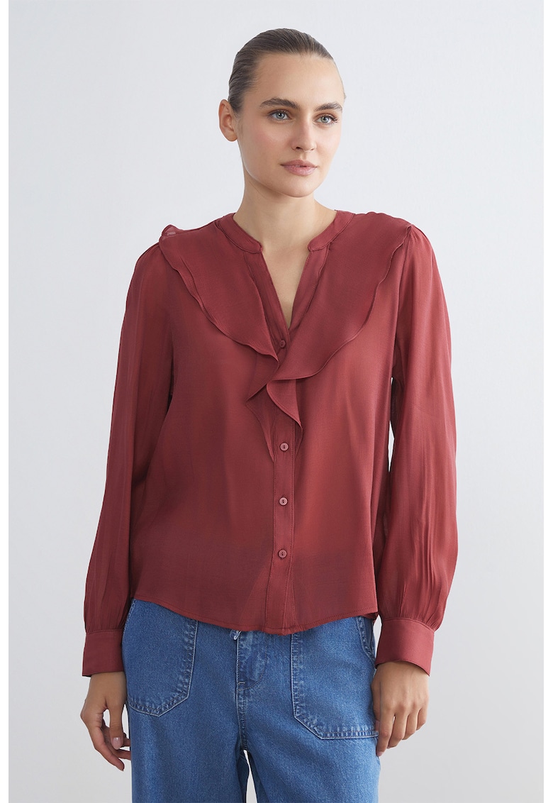 Camasa cu maneci lungi si detalii cu volane - Caramiziu