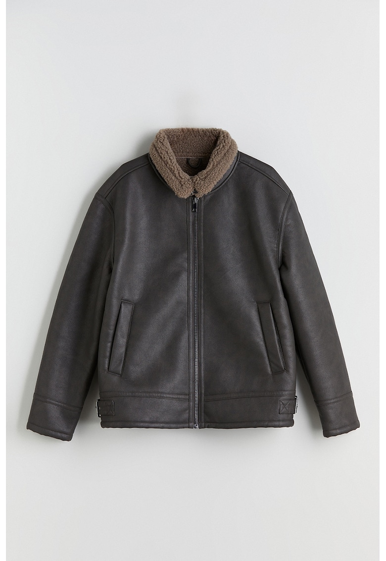 Jacheta de piele ecologica cu buzunare oblice - Gri inchis