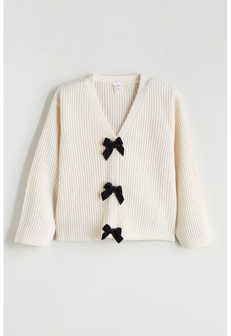 Cardigan cu aspect striat si aplicatii funda - Crem