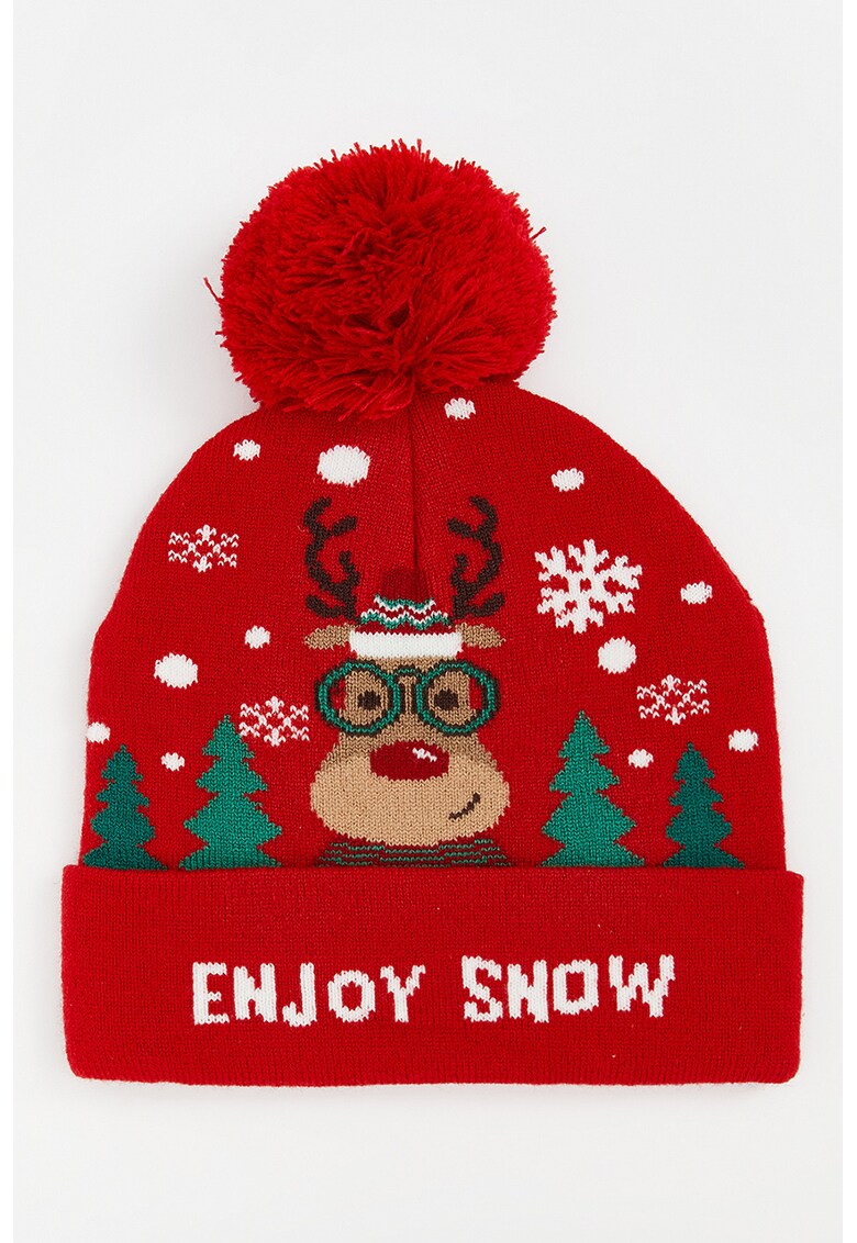 Caciula cu design tematic de Craciun - Rosu/Alb optic/Verde feriga