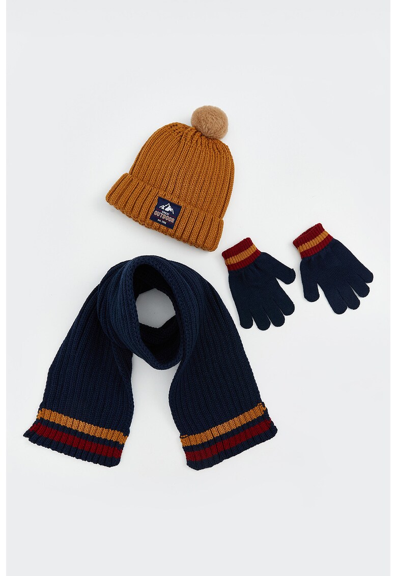 Set de fular - manusi si caciula - 3 piese - Caramel/Bleumarin