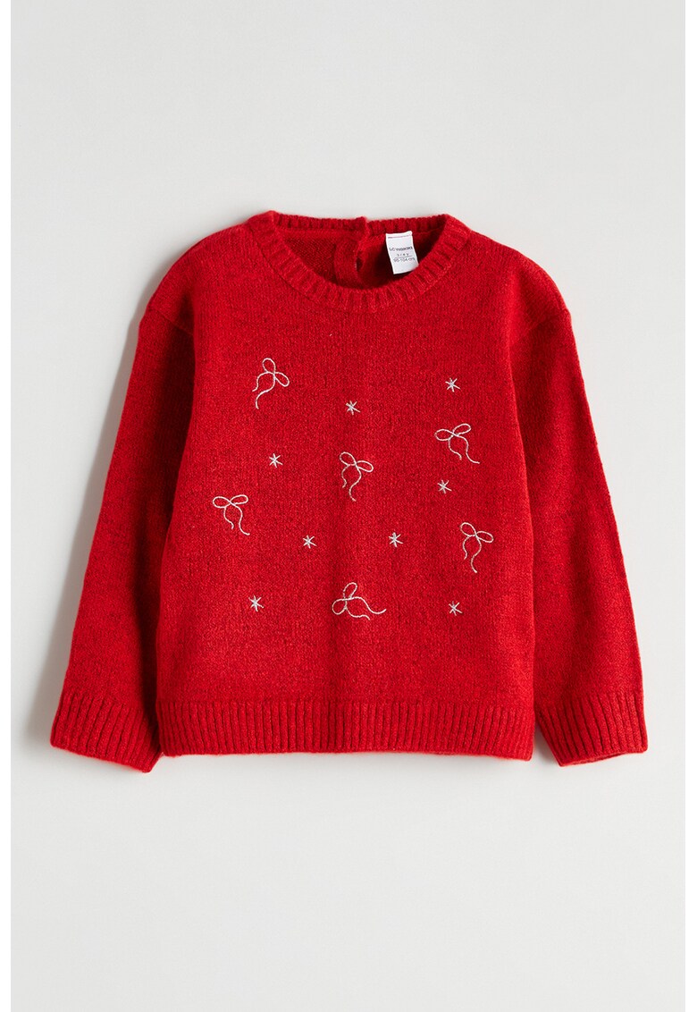 Pulover cu decolteu la baza gatului si detalii brodate - Rosu