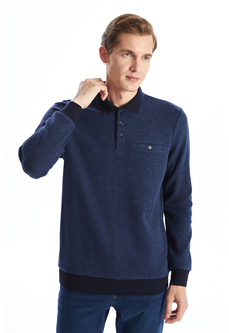 Pulover din amestec de bumbac cu fenta cu nasturi - Albastru inchis