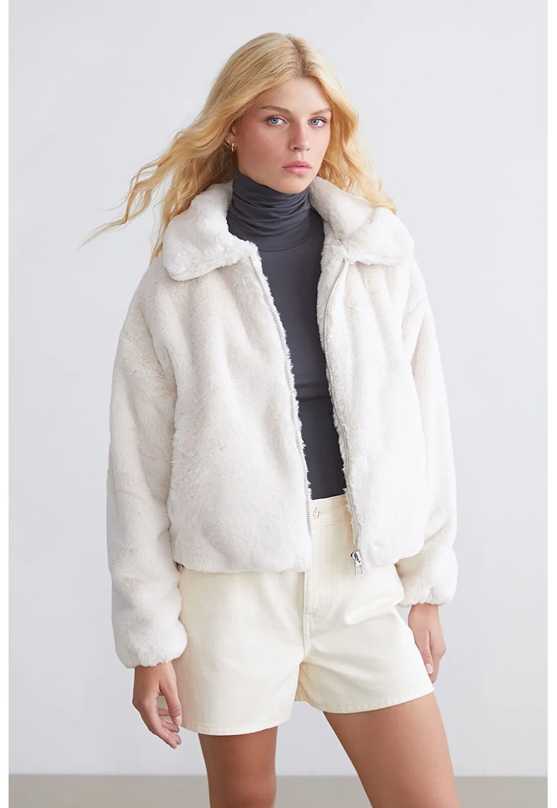 Palton din material teddy cu fermoar