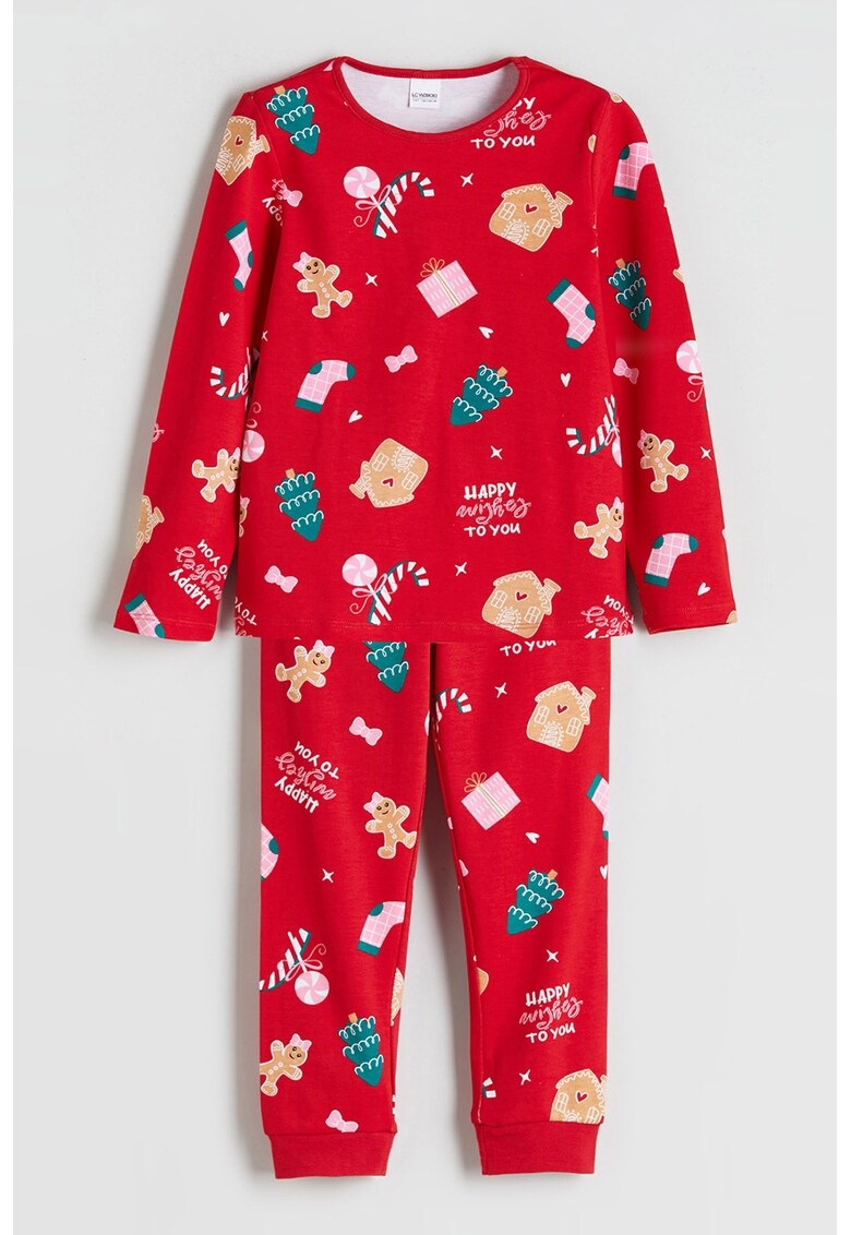 Pijama cu decolteu la baza gatului si imprimeu grafic - Rosu/Albastru petrol/Bej deschis