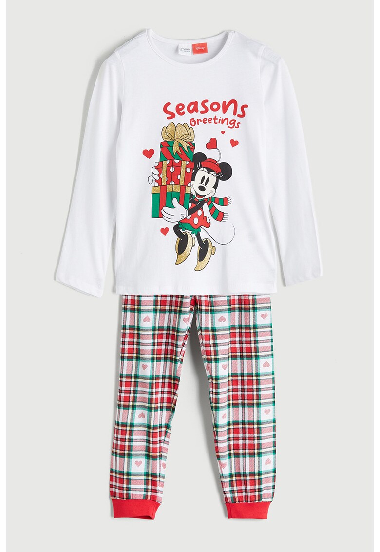 Pijama din bumbac cu pantaloni lungi si model tematic de Craciun - Rosu/Alb/Gri