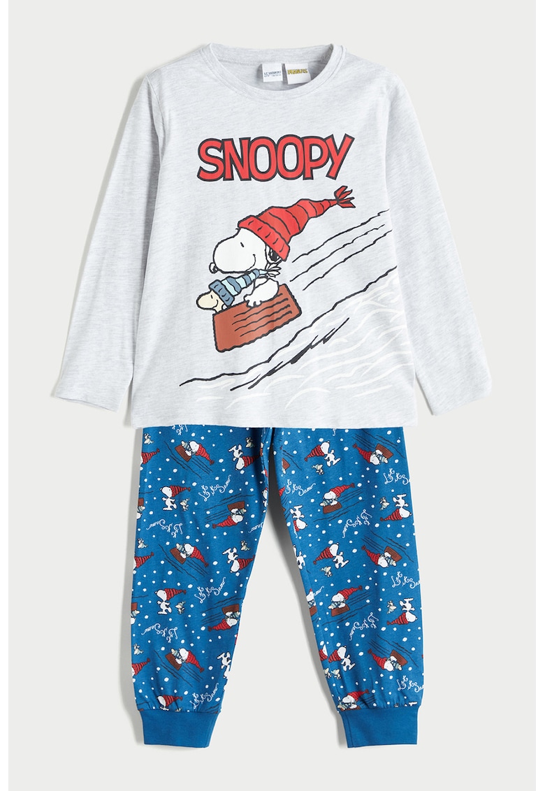 Pijama din bumbac cu model cu Snoopy - Gri deschis/Albastru