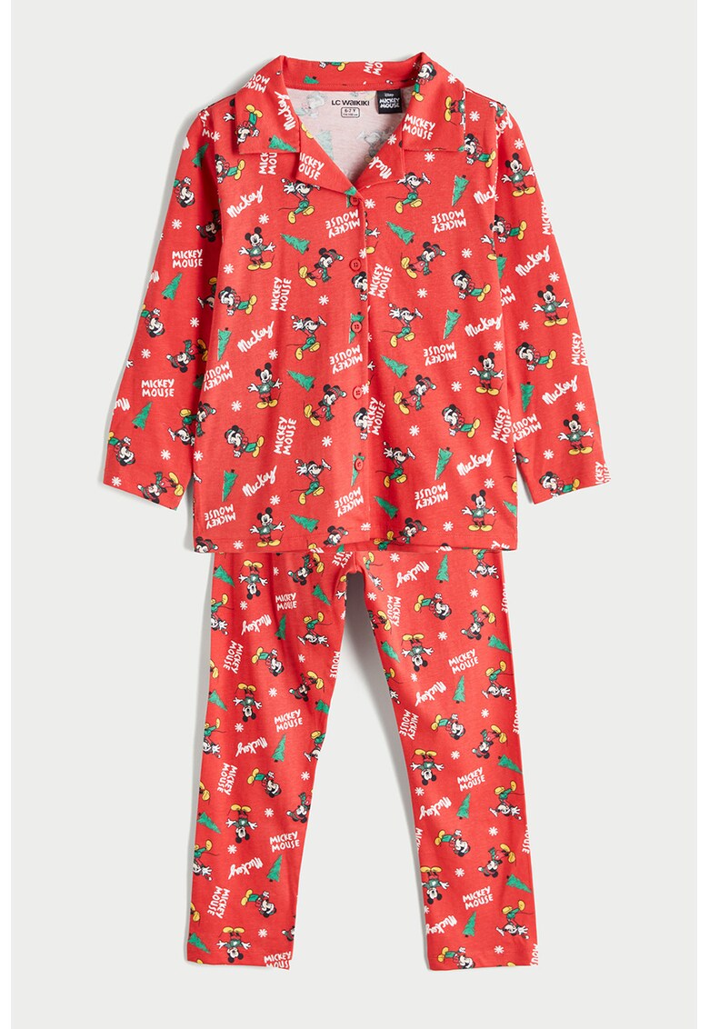 Pijama din bumbac cu model tematic de Craciun - Rosu