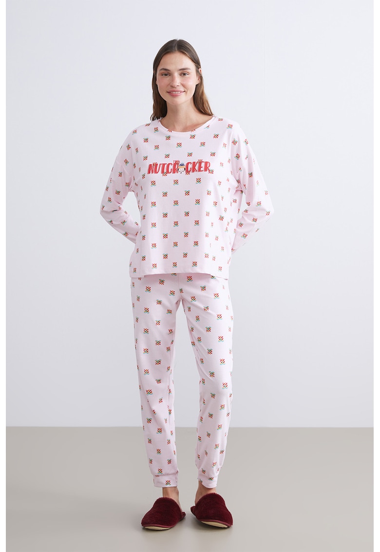Pijama lunga cu model - Rosu/Alb