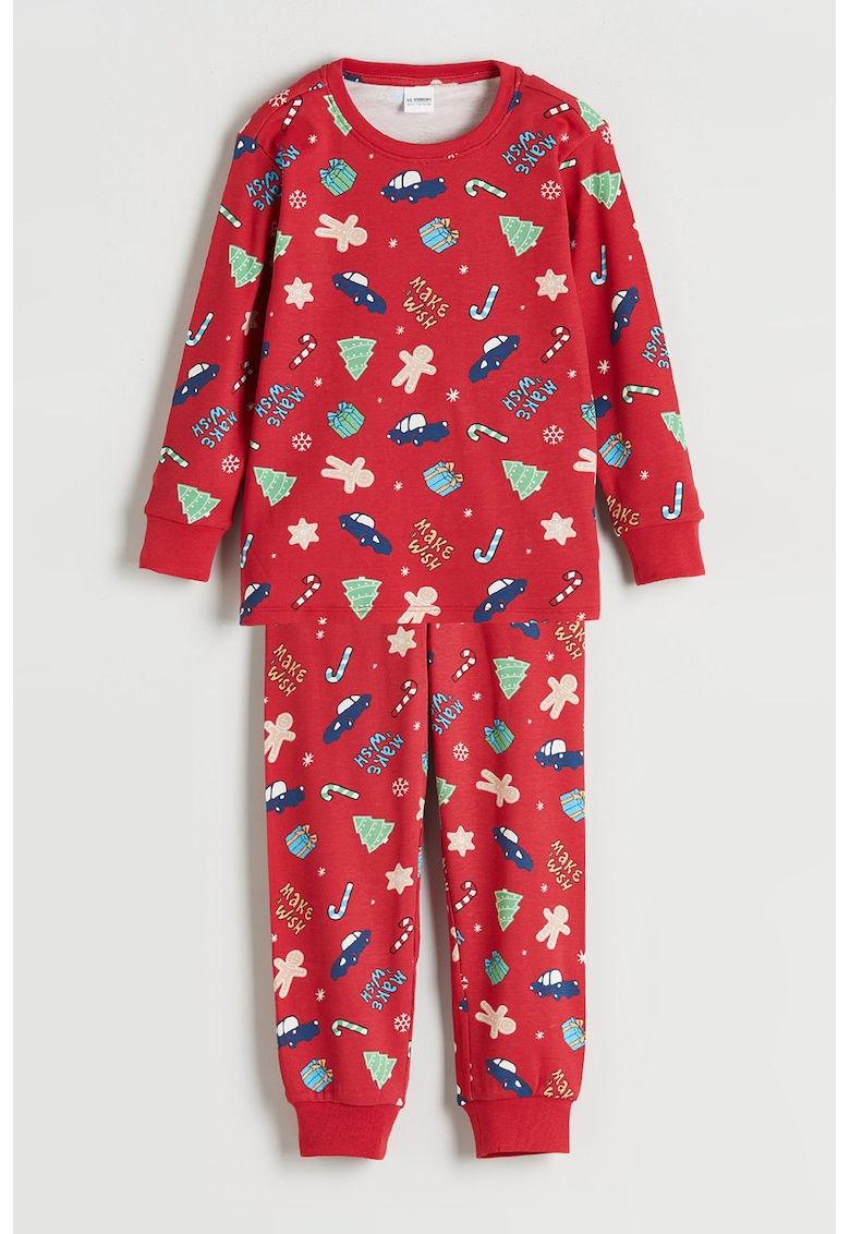 Pijama din bumbac cu imprimeu de Craciun - Rosu