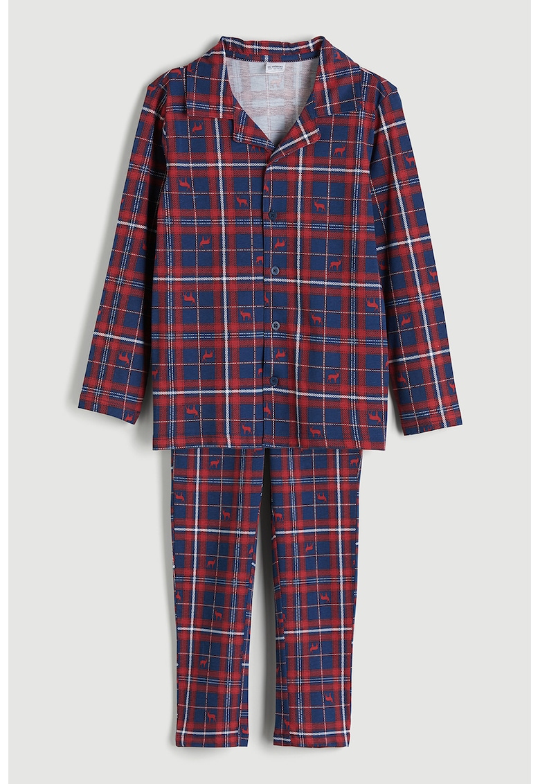 Pijama din bumbac cu nasturi si model in carouri - Albastru inchis/Rosu inchis