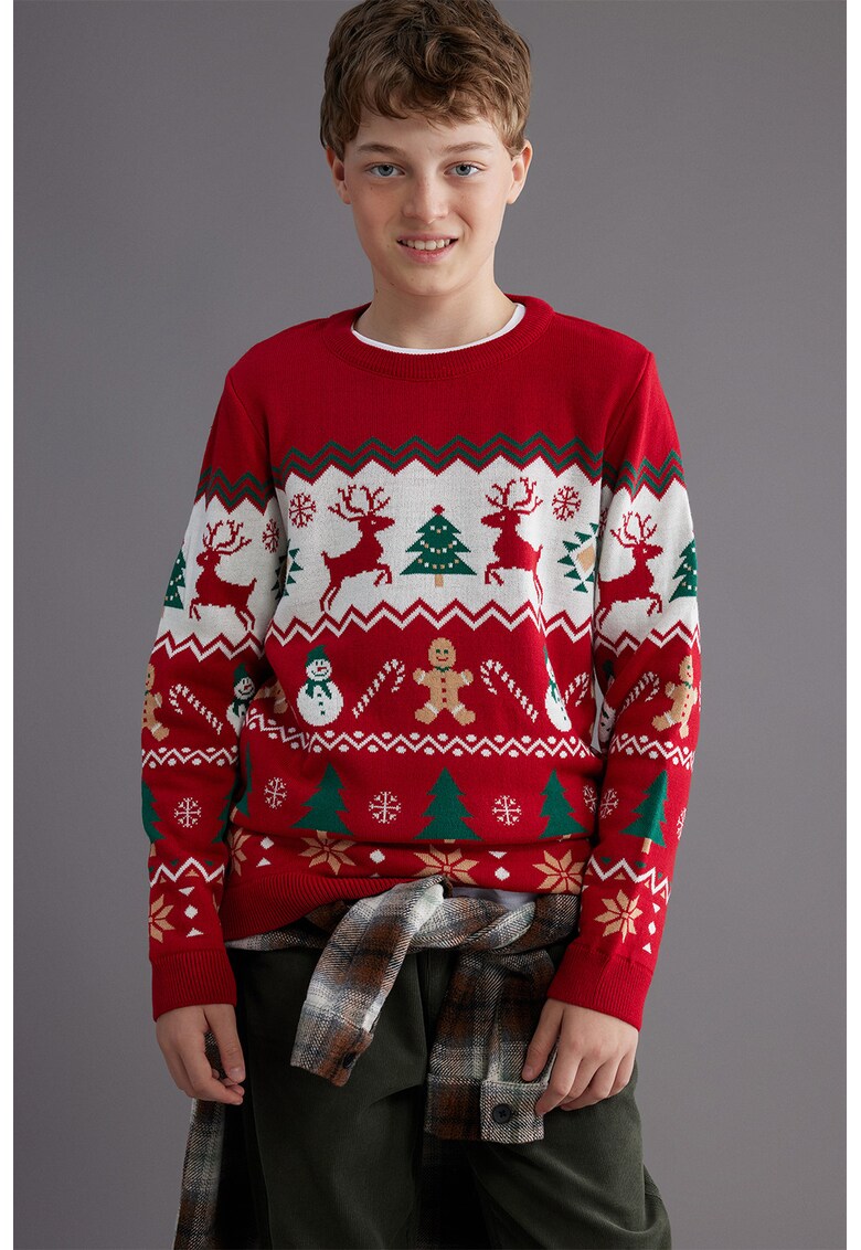 Pulover cu decolteu la baza gatului si tematica de Craciun - Rosu/Alb