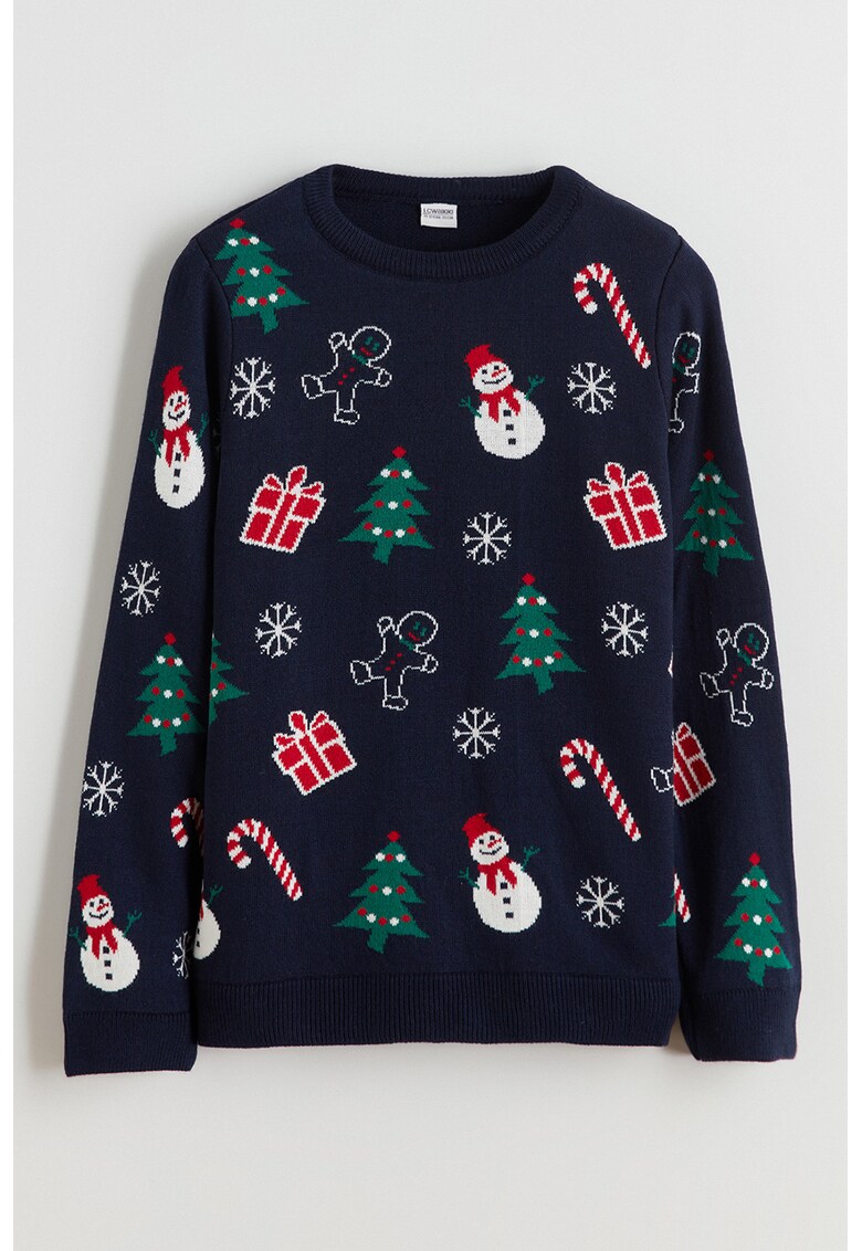 Pulover cu decolteu la baza gatului si tematica de Craciun - Bleumarin