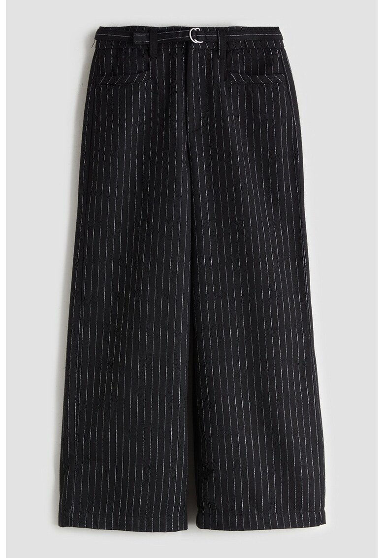 Pantaloni cu croiala ampla - curea in talie si dungi - Negru
