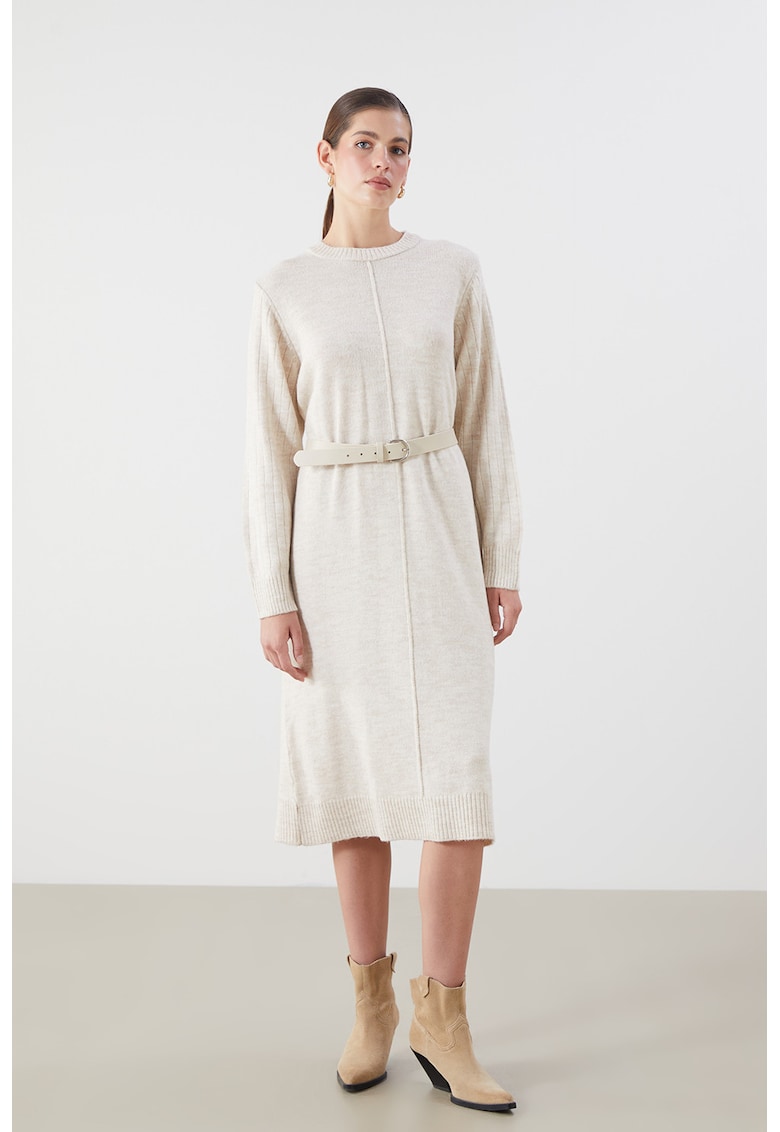 Rochie midi din tricot - Bej deschis melange