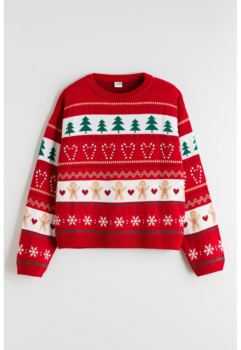 Pulover cu decolteu la baza gatului si model de Craciun - Rosu/Alb